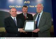 3 February 2003; At the AIB GAA Club of the Year Awards 2002 in Croke Park are, left to right, Donal Forde, Managing Director, AIB, Sean McCague, President of the GAA, and  Peter Murphy, Chairman Mattock Rangers, winner of the Louth Club of the Year Award. Picture credit; Ray McManus / SPORTSFILE