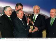3 February 2003; At the AIB GAA Club of the Year Awards 2002 in Croke Park are, left to right, Ciarán Crilly, St Malachys, Sean McCague, President of the GAA, Donal Forde, Managing Director, AIB, John McCartan, Chairman St. MalachyÕs Castlewellan and Gerry Dougherty, St. MalachyÕs , AIB Club of the Year 2002. Picture credit; David Maher / SPORTSFIL   For further information contact Máire Scully, WHPR, Telephone, 01- 6690030 or 087 8229456