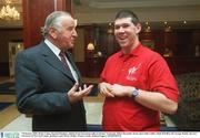 7 February 2003; Brian Canna, Special Olympics Athlete from Greystones talks to former Taoiseach, Albert Reynolds, Derek meet John Cahill, Chief of Staff to Mr George Pataki, the new Governor of New York today, Berkeley Court Hotel, Dublin. Picture credit; Damien Eagers / SPORTSFILE