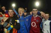 8 February 2003; Drogheda United winning goalscorer Danny O'Connor, right, celebrates at the end of the game after victory over Galway United with his manager Harry McCue and goalkeeper Gary Rogers, left. eircom League Promotion / Relegation play-off, 2nd Leg, Drogheda United v Galway United, O2 Park, Drogheda, Co. Louth. Soccer. Picture credit; David Maher / SPORTSFILE *EDI*