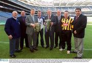17 February 2003; Pictured at the announcement of Glanbia's Sponsorship Programme 2003, which includes renewed sponsorship of the Kilkenny and Waterford hurling teams and sponsorship of the 2003 Special Olympics World Games, are, from left, Tony Morrissey, Treasurer, Waterford County Board, Ned Quinn, Chairman, Kilkenny County Board, Bill Murphy, who holds The Liam MacCarthy Cup, Deputy CEO, Glanbia, Waterford hurling captain Tony Browne, Tom Corcoran, who holds the Munster Hurling Trophy, CEO, Glanbia, Paddy Dunphy, PRO, Waterford County Board, Kilkenny hurling captain Charlie Carter and Kieran O'Connor, Communications Manager, Glanbia, at Croke Park, Dublin. Picture credit; David Maher / SPORTSFILE