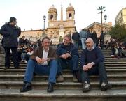 21 February 2003; Irish players, who are not involved in tomorrows game, from left, Mick Galwey, Paul O'Connell and Keith Wood sit on the Spanish Steps in Rome, Italy. Rugby. Picture credit; Matt Browne / SPORTSFILE *EDI*