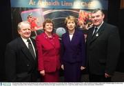 25 February 2003; Pictured at the launch of The Ladies Integration Pilot Scheme are, from left, Walter Thompson, President of The Ladies Football Association, Padhraichin Ni Raifeartaigh, President of the Camogie Association, Mary McAleese, President of Ireland, and Sean McCague, President of the GAA. Croke Park, Dublin. Picture credit; David Maher / SPORTSFILE