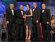 10 November 2012; Clare Timoney, Antrim, is presented with her Junior Players' Player of the Year award by Pat Quill, President, Ladies Gaelic Football Association, in the company of, from left, Pol O Gallchoir, Ceannsaí, TG4,  Liam Moggin, National Coach Development Officer, Coaching Ireland, and Cormac Farrell, O'Neill's. TG4 O'Neill's Ladies Football All-Star Awards 2012, Citywest Hotel, Saggart, Co. Dublin. Picture credit: Brendan Moran / SPORTSFILE