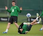 12 November 2012; Republic of Ireland goalkeeper Keiren Westwood and Ciaran Clark in action during squad training ahead of their side's Friendly International against Greece on Wednesday. Republic of Ireland Squad Training, Gannon Park, Malahide, Dublin. Picture credit: David Maher / SPORTSFILE