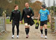 12 November 2012; Ireland's Paddy Jackson, left, Dan Tuohy and Darren Cave, right, make their way to squad training ahead of their side's Autumn International match against Fiji on Saturday. Ireland Rugby Squad Training, Carton House, Maynooth, Co. Kildare. Picture credit: Barry Cregg / SPORTSFILE