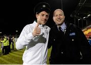 12 November 2012; Republic of Ireland International Keiren Westwood with Garda Pat Bissett, from Pearse Street Garda station, in attendance at the FAI / An Garda Siochana and Dublin Local Authorities late night League launch. FAI Late Night League Launch, Tallaght Stadium, Tallaght, Dublin. Picture credit: David Maher / SPORTSFILE