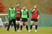 13 November 2012; Ireland's Simon Zebo, Peter O'Mahony, Gordon D'Arcy and Cian Healy, left to right, during squad training ahead of their side's Autumn International match against Fiji on Saturday. Ireland Rugby Squad Training, Carton House, Maynooth, Co. Kildare. Picture credit: Barry Cregg / SPORTSFILE