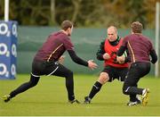 13 November 2012; Ireland's Richart Strauss, centre, prepares for the tackled from Denis Hurley, left, Darren Cave, right, during squad training ahead of their side's Autumn International match against Fiji on Saturday. Ireland Rugby Squad Training, Carton House, Maynooth, Co. Kildare. Picture credit: Barry Cregg / SPORTSFILE