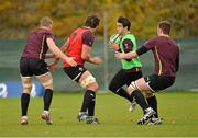 13 November 2012; Ireland's Conor Murray, second from right, in action against team-mates Jamie Heaslip, far left, Mike McCarthy, second from left, and Iain Henderson, right, during squad training ahead of their side's Autumn International match against Fiji on Saturday. Ireland Rugby Squad Training, Carton House, Maynooth, Co. Kildare. Picture credit: Barry Cregg / SPORTSFILE