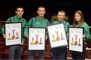 13 November 2012; Minister of State for Tourism & Sport Michael Ring T.D. presented Olympic boxers with framed first day cover envelopes featuring two stamps issued by An Post in July to mark Ireland's involvement in the 2012 Olympic Games. At the event are Olympic boxers, from left, Michael Conlan, John Joe Nevin, Paddy Barnes, and Katie Taylor. National Stadium, South Circular Road, Dublin. Picture credit: Brian Lawless / SPORTSFILE