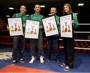 13 November 2012; Minister of State for Tourism & Sport Michael Ring T.D. presented Olympic boxers with framed first day cover envelopes featuring two stamps issued by An Post in July to mark Ireland's involvement in the 2012 Olympic Games. At the event are Olympic boxers, from left, Michael Conlan, John Joe Nevin, Paddy Barnes, and Katie Taylor. National Stadium, South Circular Road, Dublin. Picture credit: Brian Lawless / SPORTSFILE