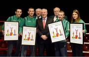 13 November 2012; Minister of State for Tourism & Sport Michael Ring T.D. presented Olympic boxers with framed first day cover envelopes featuring two stamps issued by An Post in July to mark Ireland's involvement in the 2012 Olympic Games. At the event Minister Michael Ring with, from left, Michael Conlan, John Joe Nevin, IABA President Tommy Murphy, IABA National Secretary Sean Crowley, Paddy Barnes, and Katie Taylor. National Stadium, South Circular Road, Dublin. Picture credit: Brian Lawless / SPORTSFILE