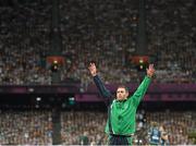 7 September 2012; Ireland's Jason Smyth, from Eglinton, Co. Derry, takes to the podium to collect his gold medal after the men's 200m - T13 final. London 2012 Paralympic Games, Athletics, Olympic Stadium, Olympic Park, Stratford, London, England. Picture credit: Brian Lawless / SPORTSFILE