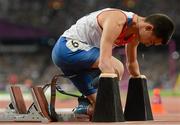 7 September 2012; Ivan Prokopyev, Russia, takes his marks for heat 2 of the Men's 400m - T44. London 2012 Paralympic Games, Athletics, Olympic Stadium, Olympic Park, Stratford, London, England. Picture credit: Brian Lawless / SPORTSFILE