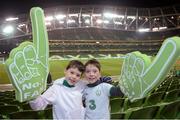 14 November 2012; Republic of Ireland supporters Cathair Cushnan and Cormac McGinley, both age 7, from Milford, Co. Donegal, at the game. Friendly International, Republic of Ireland v Greece, Aviva Stadium, Lansdowne Road, Dublin. Picture credit: Matt Browne / SPORTSFILE