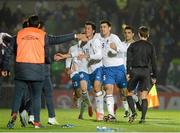 14 November 2012; Rauf Aliyev, Azerbaijan, 11, celebrates with team-mates after scoring his side's first goal. 2014 FIFA World Cup Qualifier Group F, Northern Ireland v Azerbaijan, Windsor Park, Belfast, Co. Antrim. Picture credit: Oliver McVeigh / SPORTSFILE