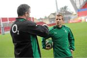 15 November 2012; Ireland's Paul Marshall in conversation with assistant coach Anthony Foley before squad training ahead of their side's Autumn International match against Fiji on Saturday. Ireland Rugby Squad Training, Thomond Park, Limerick. Picture credit: Diarmuid Greene / SPORTSFILE