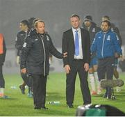 14 November 2012; Michael O'Neill, Northern Ireland manager, right, and Berti Vogts, Azerbaijan manager, exchange views after the game. 2014 FIFA World Cup Qualifier Group F, Northern Ireland v Azerbaijan, Windsor Park, Belfast, Co. Antrim. Picture credit: Oliver McVeigh / SPORTSFILE