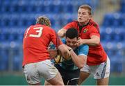 15 November 2012; Jordan Coghlan, Leinster, is tackled by Cian Bohane, right, and Danny Barnes, Munster. &quot;A&quot; Interprovincial, Leinster A v Munster A, Donnybrook Stadium, Donnybrook, Dublin. Picture credit: Stephen McCarthy / SPORTSFILE