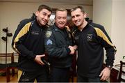 14 November 2012; The Brogan brothers Bernard, left, and Alan with Sgt Rob Conroy, NYPD, during a reception in the Consulate General of Ireland office. GAA GPA All-Stars Football Tour 2012 sponsored by Opel. Park Avenue, New York, United States. Picture credit: Ray McManus / SPORTSFILE
