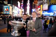 15 November 2012; Donegal's Karl Lacey, with the Sam Maguire Cup, and Kilkenny's Henry Shefflin, with the Liam MacCarthy Cup, in Times Square as they make their way to the Gaelic Players Association Ireland - U.S. Gaelic Heritage Awards & Dinner Gala at the Marriott Marquis New York Westside Ballroom. Broadway, Times Square, New York, USA. Picture credit: Ray McManus / SPORTSFILE