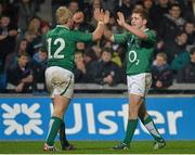 17 November 2012; Luke Marshall, left, is congratulated by team-mate Paddy Jackson after scoring his side's eighth try. Autumn International, Ireland XV v Fiji, Thomond Park, Limerick. Picture credit: Diarmuid Greene / SPORTSFILE