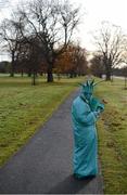 18 November 2012; 'The Statue of Liberty' Christabel O'Loughlin, from Clonsilla, Dublin, who ran the Dublin marathon earlier this year checks her phone as she waits to cheer on participants during the New York Dublin Marathon. The marathon was organised as a result of the cancellation of the official New York marathon due to the devastation caused by Hurricane Sandy. Phoenix Park, Dublin. Picture credit: Brian Lawless / SPORTSFILE