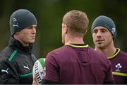 19 November 2012; Ireland's Jonathan Sexton, left, and Tommy Bowe, in conversation with Jamie Heaslip during squad training ahead of their side's Autumn International match against Argentina on Saturday. Ireland Rugby Squad Training, Carton House, Maynooth, Co. Kildare. Picture credit: Brendan Moran / SPORTSFILE