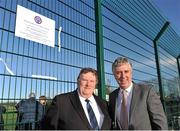 20 November 2012; Chairman of Schoolboys Football Association of Ireland Michael O'Brien, left, and FAI Chief Executive John Delaney during the unveiling of a plaque at the opening of the SDFL Grounds. Official Opening of the SDFL Grounds, South Dublin Football League Complex, Lucan, Co. Dublin. Picture credit: Barry Cregg / SPORTSFILE