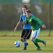 20 November 2012; Anthony Breslin, Republic of Ireland, in action against Herol Riiberg, Estonia. Friendly International, Republic of Ireland U16 v Estonia U16, South Dublin Football League Complex, Lucan, Co. Dublin. Picture credit: Barry Cregg / SPORTSFILE