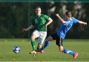 20 November 2012; Colm Deasey, Republic of Ireland, in action against Rasmus Tauts, Estonia. Friendly International, Republic of Ireland U16 v Estonia U16, South Dublin Football League Complex, Lucan, Co. Dublin. Picture credit: Barry Cregg / SPORTSFILE