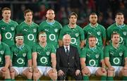 17 November 2012; Ireland XV players, top row, left to right, Iain Henderson, Mike McCarthy, Dan Tuohy, Conor Murray, Simon Zebo, and Mike Ross, front row, left to right, Fergus McFadden, captain Jamie Heaslip, Sean Cronin and Darren Cave, along with IRFU President Billy Glynn during the squad photograph before the game. Autumn International, Ireland XV v Fiji, Thomond Park, Limerick. Picture credit: Diarmuid Greene / SPORTSFILE