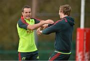 21 November 2012; Munster's Scott Deasy, left, and Danny Barnes during squad training ahead of their Celtic League 2012/13, Round 9, match against Scarlets on Sunday. Munster Rugby Squad Training, CIT, Bishopstown, Cork. Picture credit: Diarmuid Greene / SPORTSFILE