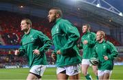 17 November 2012; Ireland XV and Munster players, from left to right, Denis Hurley, Simon Zebo, Peter O'Mahony and Keith Earls warm up before the game. Autumn International, Ireland XV v Fiji, Thomond Park, Limerick. Picture credit: Diarmuid Greene / SPORTSFILE