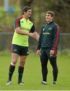 21 November 2012; Munster's James Downey, left, and Ian Keatley during squad training ahead of their Celtic League 2012/13, Round 9, match against Scarlets on Sunday. Munster Rugby Squad Training, CIT, Bishopstown, Cork. Picture credit: Diarmuid Greene / SPORTSFILE