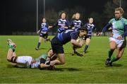 23 November 2012; Katie Fitzhenry, Leinster, goes over to score a try despite the tackle of Hannah Casey,  Exiles. Challenge Match, Leinster Women v Exiles, Ashbourne RFC, Ashbourne, Co. Meath. Picture credit: Matt Browne / SPORTSFILE