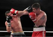 23 November 2012; Joe Ward, British Lionhearts, right, exchanges punches with Imre Szello, Italia Thunder, during their Light Heavyweight 80-85kg bout. World Series of Boxing, British Lionhearts v Italia Thunder, Celtic Manor Resort, Newport, Wales. Picture credit: Steve Pope / SPORTSFILE