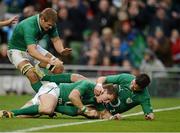 24 November 2012; Craig Gilroy, Ireland, is congratulated by team-mates Chris Henry, left, and Jonathan Sexton after scoring their side's first try. Autumn International, Ireland v Argentina, Aviva Stadium, Lansdowne Road, Dublin. Picture credit: Matt Browne / SPORTSFILE