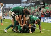 24 November 2012; Jonathan Sexton, Ireland, is congratulted by team-mates, from left, Donnacha Ryan, Conor Murray and Craig Gilroy after scoring their side's sixth try. Autumn International, Ireland v Argentina, Aviva Stadium, Lansdowne Road, Dublin. Picture credit: Oliver McVeigh / SPORTSFILE