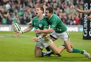 24 November 2012; Craig Gilroy, Ireland, celebrates after going over to score his side's first try with team-mate Jonathan Sexton, right. Autumn International, Ireland v Argentina, Aviva Stadium, Lansdowne Road, Dublin. Picture credit: Stephen McCarthy / SPORTSFILE