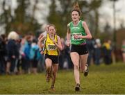 25 November 2012; Aisling Quinn, Ferrybank A.C., Co. Waterford, followd by Toni Moore, Omagh Harriers A.C., Co. Tyrone, competing in the Girl's Under 16 4,000m at the Woodie's DIY Juvenile and Inter County Cross Country Championships. Tattersalls, Ratoath, Co. Meath. Photo by Sportsfile