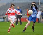 26 November 2012; Marc Dietz, Scoil Lorcáin Baile Pámair, in action against Fionn Mac Lochlainn Mac Gráinne, Scoil Mobhi Glasanaíon. Allianz Cumann na mBunscol Finals, Scoil Lorcáin Baile Pámair v Scoil Mobhi Glasanaíon, Croke Park, Dublin. Picture credit: Barry Cregg / SPORTSFILE