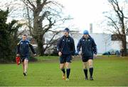 26 November 2012; Leinster players, from left, Aaron Dundon, Luke Fitzgerald and Gordon D'Arcy arrive for squad training ahead of their side's Celtic League 2012/13, Round 10, game against Zebre on Saturday. Leinster Rugby Squad Training, UCD, Belfield, Dublin. Picture credit: Stephen McCarthy / SPORTSFILE