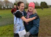 25 November 2012; Teresa McDaid, right, Letterkenny AC, Co. Donegal congratulates Ava Hutchinson, Dublin, after winning the Senior Women's 8,000m at the Woodie's DIY Juvenile and Inter County Cross Country Championships. Tattersalls, Ratoath, Co. Meath. Photo by Sportsfile