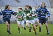 26 November 2012; Katie Flynn, St Paul’s Ayrfield, left, in action against Melissa Kelly, right, and Sophie Brennan, St Helen’s Portmarnock, right. Allianz Cumann na mBunscol Finals, St Helen’s Portmarnock v St Paul’s Ayrfield, Croke Park, Dublin. Picture credit: Barry Cregg / SPORTSFILE