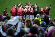 27 November 2012; The Rush National School players celeberate with the cup in front of their supporters after Uachtarán Chumann Lúthchleas Gael Liam Ó Néill presented them with the Corn Kilterick. Allianz Cumann na mBunscol Finals, St Brigid’s Castleknock v Rush National School. Some 1,200 players took part over the two day finals. Croke Park, Dublin. Picture credit: Brian Lawless / SPORTSFILE