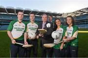 28 November 2012; Uachtarán Chumann Lúthchleas Gael Liam Ó Néill, with from left, Clare hurler Niall Arthur, Mayo footballer Cillian O'Connor, Galway handballer Martin Mulkerrins, Dublin ladies footballer Sineád Goldrick, and Wexford camogie player Ursula Jacob, in attendance at the launch of the GAA Annual Games Development Conference. Croke Park, Dublin. Picture credit: Brian Lawless / SPORTSFILE