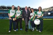 28 November 2012; Uachtarán Chumann Lúthchleas Gael Liam Ó Néill, with, from left, Clare hurler Niall Arthur, Mayo footballer Cillian O'Connor, Galway handballer Martin Mulkerrins, Dublin ladies footballer Sineád Goldrick, and Wexford camogie player Ursula Jacob, in attendance at the launch of the GAA Annual Games Development Conference. Croke Park, Dublin. Picture credit: Brian Lawless / SPORTSFILE