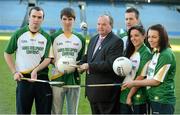 28 November 2012; Uachtarán Chumann Lúthchleas Gael Liam Ó Néill, with, from left, Clare hurler Niall Arthur, Galway handballer Martin Mulkerrins, Mayo footballer Cillian O'Connor, Dublin ladies footballer Sineád Goldrick, and Wexford camogie player Ursula Jacob, in attendance at the launch of the GAA Annual Games Development Conference. Croke Park, Dublin. Picture credit: Brian Lawless / SPORTSFILE